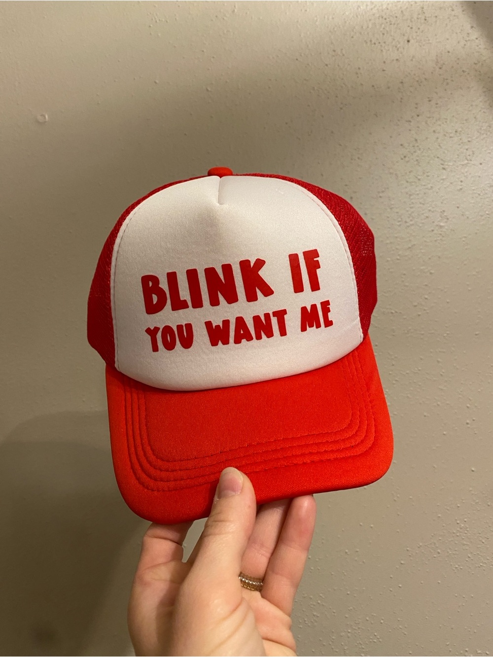 Red and White 'Blink If You Want Me' Trucker Hat